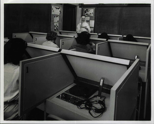 Sister Mary Kenneth teaching foreign languages in the language laboratory